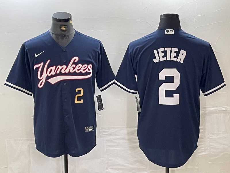 Mens New York Yankees #2 Derek Jeter Number Navy Cool Base Stitched Baseball Jersey